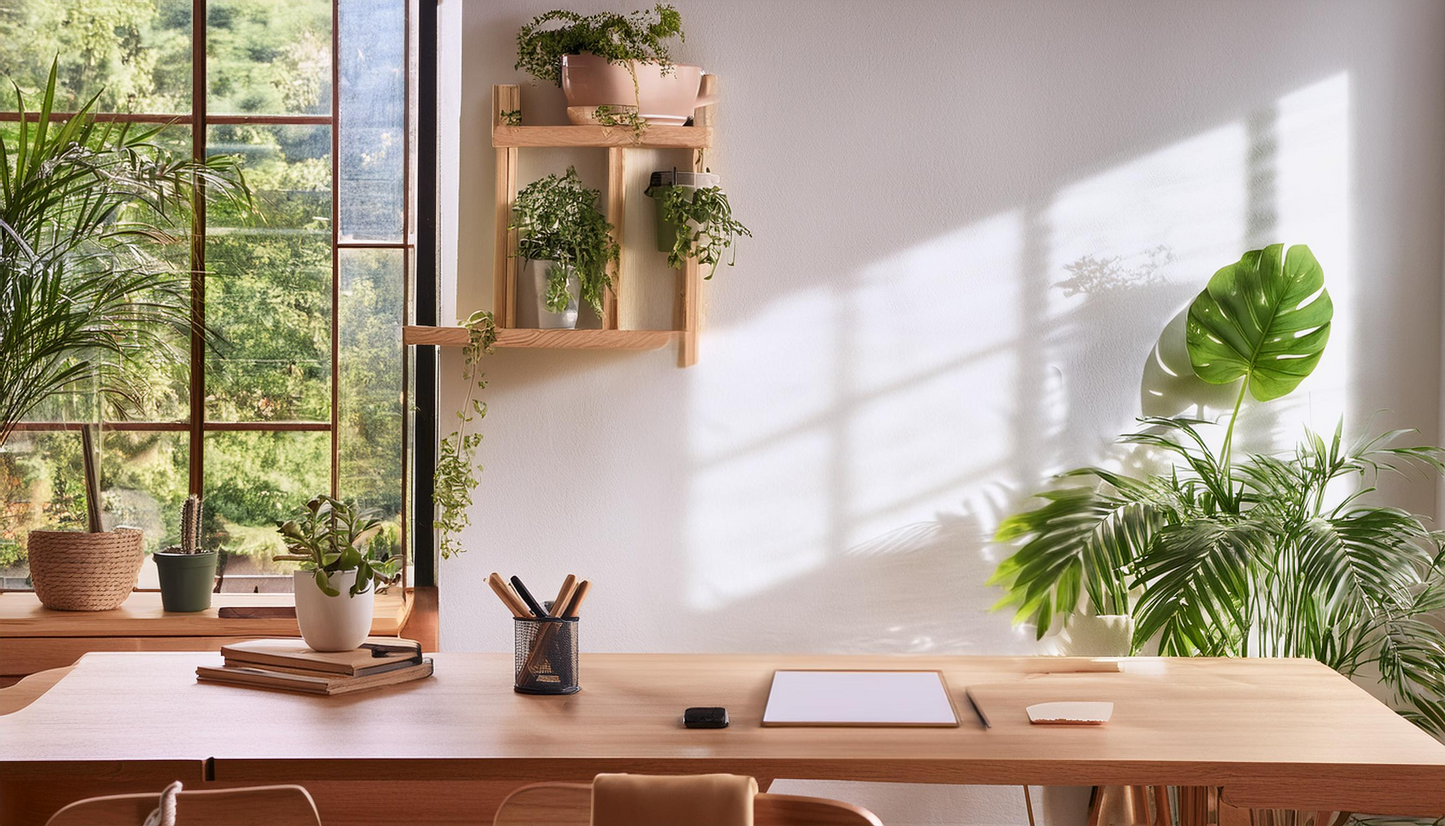 Home office with a wooden desk, plants, and large windows.